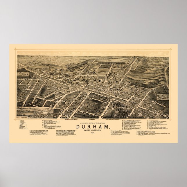 Póster Durham, Mapa Panorámico de NC - 1891 (Frente)
