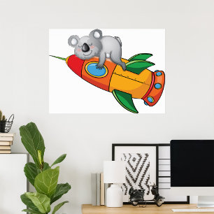 Póster Durmiendo Koala en un cohete colorido