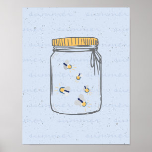 Póster Dusky Blue Rough Sketch Fireflies en Mason Jar