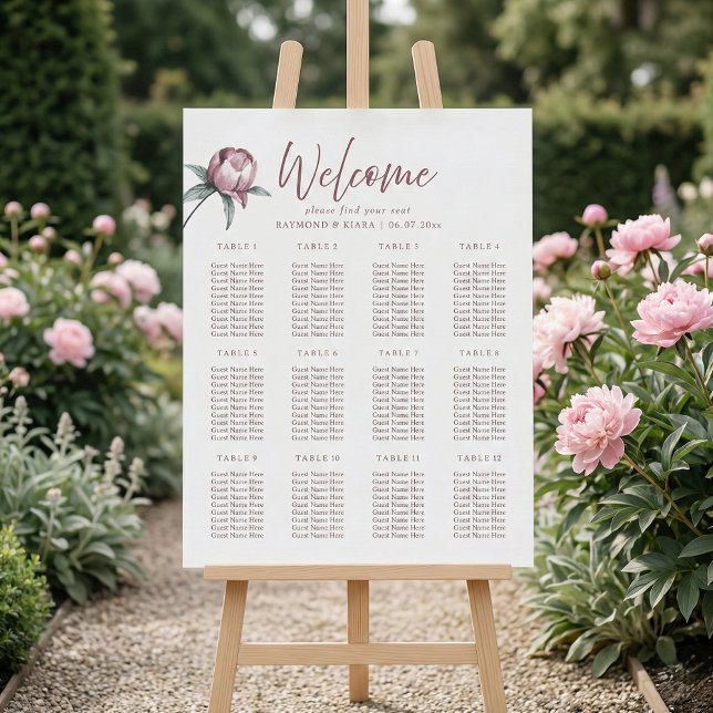Póster Dusky Pink Peony Encuentra A Su Boda De Asientos (create your own dusty pink peony wedding seat chart poster)