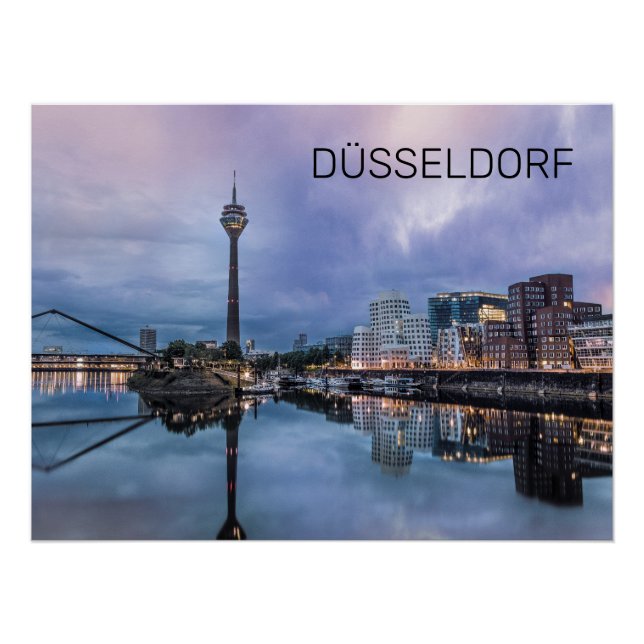 Póster Dusseldorf Skyline Alemania Holiday Sunset Souveni (Anverso)