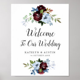 Póster Duste azul burgundy floral de bienvenida boda cart