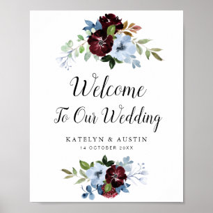 Póster Duste azul burgundy floral de bienvenida boda cart