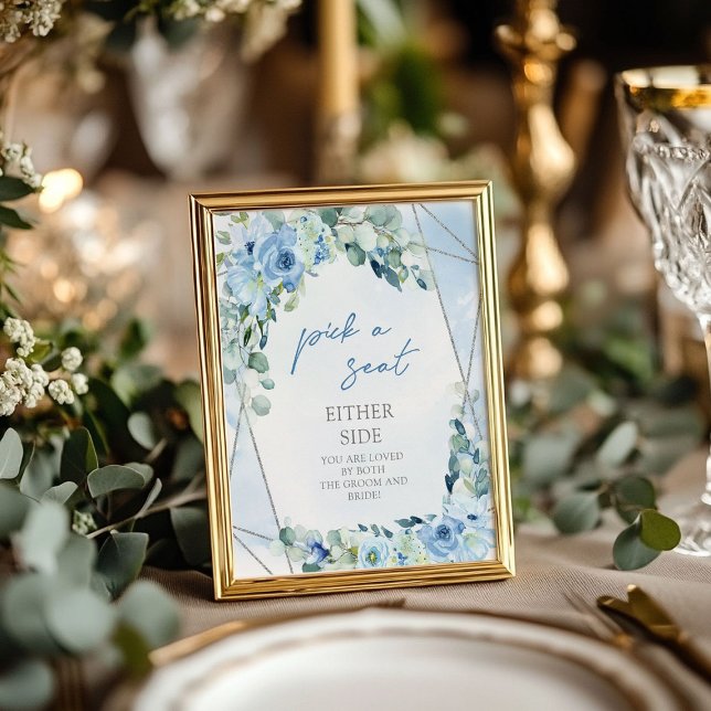 Póster Duste azul de plata floral Elegir un asiento a cad (Dusty Blue floral silver Pick a Seat Either Side Poster)