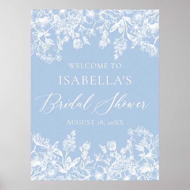 Póster Duste Blue Floral Blue Floral Bridal Shower signo  (Frente)