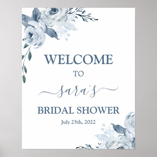 Póster Duste Blue Floral Bridal Shower signo de bienvenid (Frente)