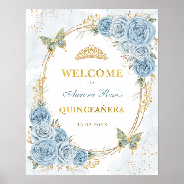 Póster Duste Blue Gold Quinceanera Mis Quince Bienvenida (Frente)