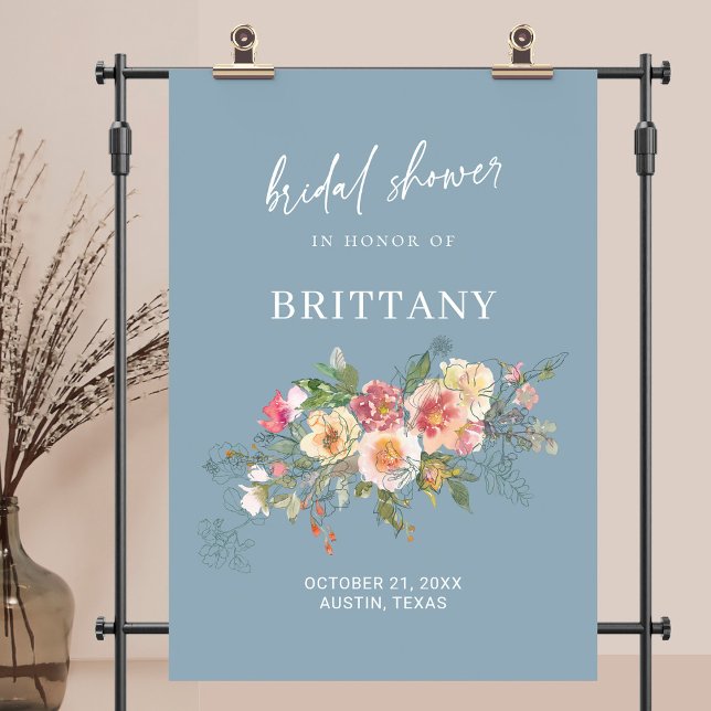 Póster Duste Blue Watercolor Floral Bridal Shower Bienven (Dusty Blue Watercolor Floral Bridal Shower Welcome Poster )