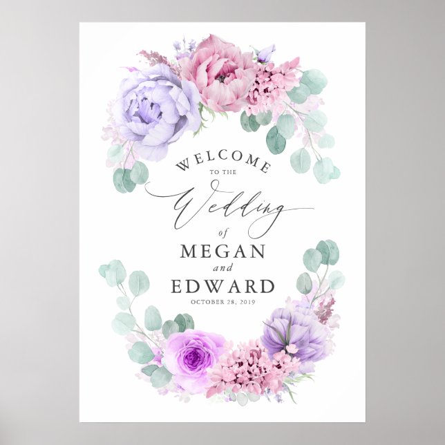 Póster Duste morado y Boda floral rosa bienvenida (Frente)