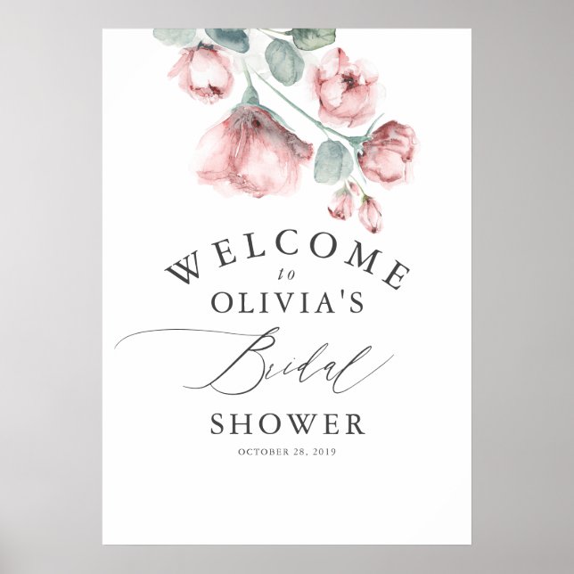 Póster Duste Rosa Floral Elegante Ducha Bridal Bienvenida (Frente)