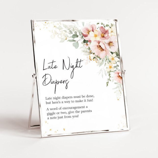 Póster Duste verde floral rosado en los aparejos nocturno (Dusty Pink Floral Baby Shower Late Night Diapers Sign)