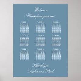 Póster Dusty Blue 9 Table Wedding Seating Chart Poster