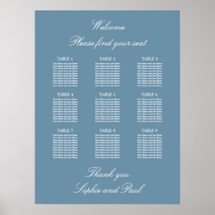 Póster Dusty Blue 9 Table Wedding Seating Chart Poster