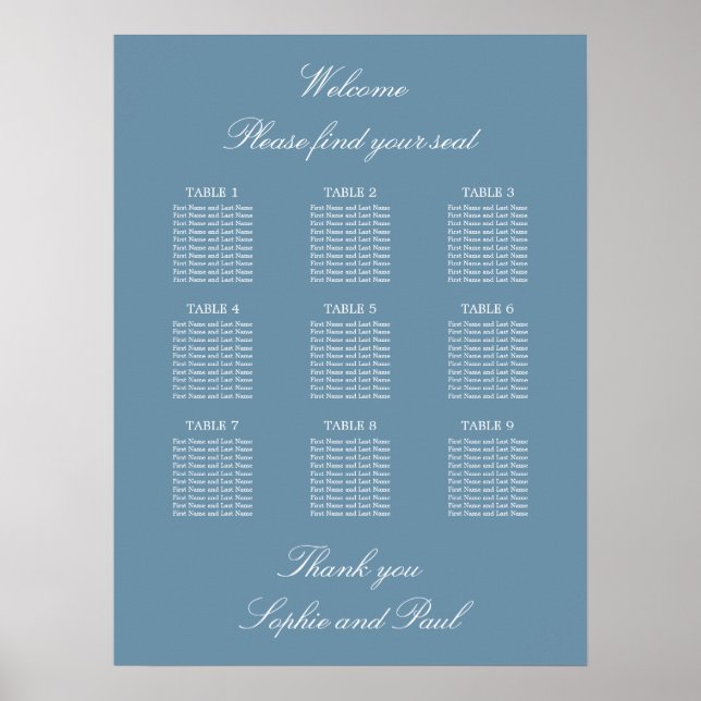 Póster Dusty Blue 9 Table Wedding Seating Chart Poster (Frente)