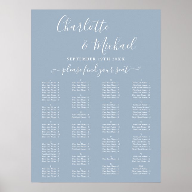 Póster Dusty Blue Alphabetical Wedding Seating Chart (Frente)