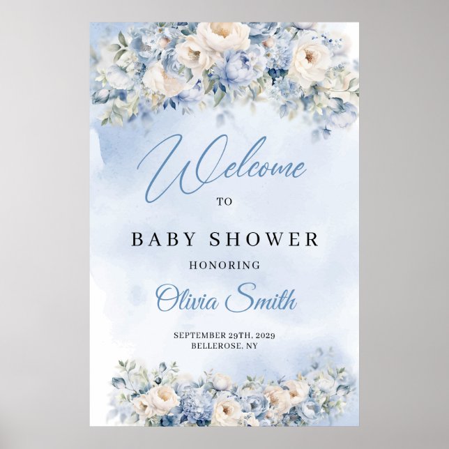 Póster Dusty Blue and Ivory Flowers Bienvenidos a Baby Sh (Frente)