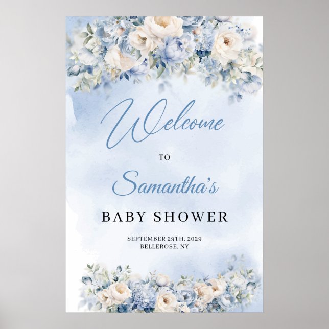 Póster Dusty Blue and Ivory Flowers Bienvenidos a Baby Sh (Frente)