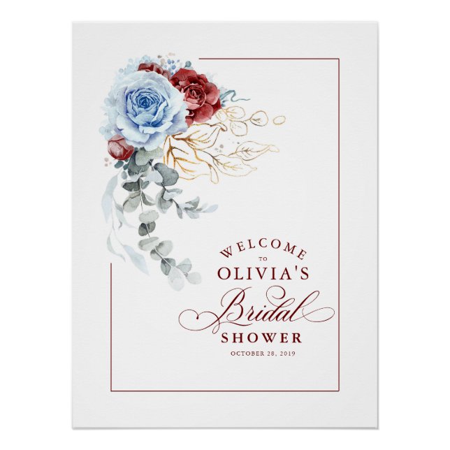 Póster Dusty Blue and Red Bridal Shower Welcome (Anverso)