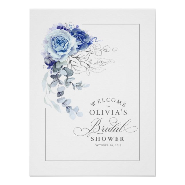 Póster Dusty Blue and Silver Bridal Shower Welcome (Anverso)
