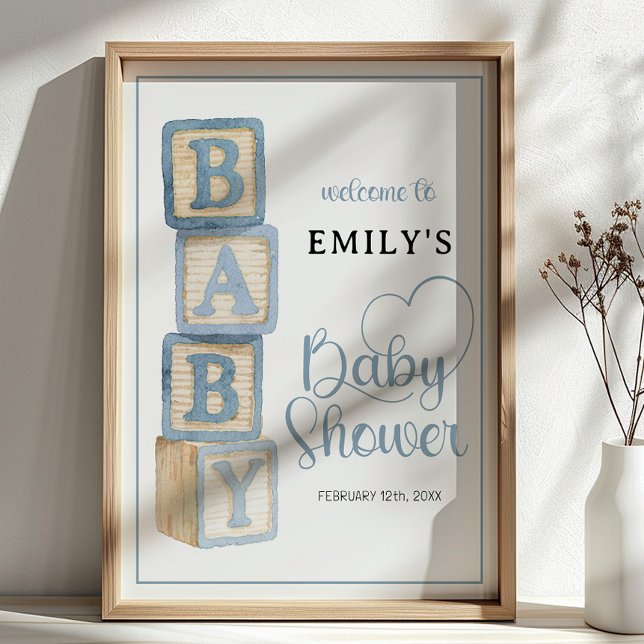 Póster Dusty Blue Baby Blocks Baby Shower Welcome Poster (Baby Shower Welcome Sign)