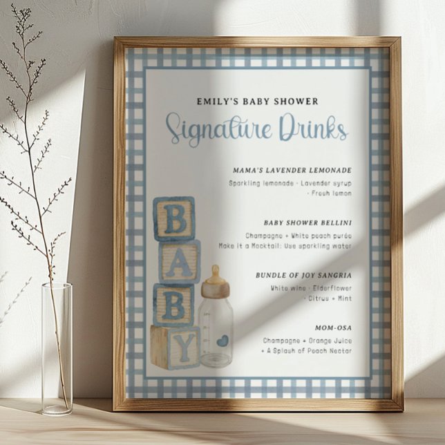Póster Dusty Blue Baby Shower Signature Drinks Sign  (Baby Shower Signature Drinks)
