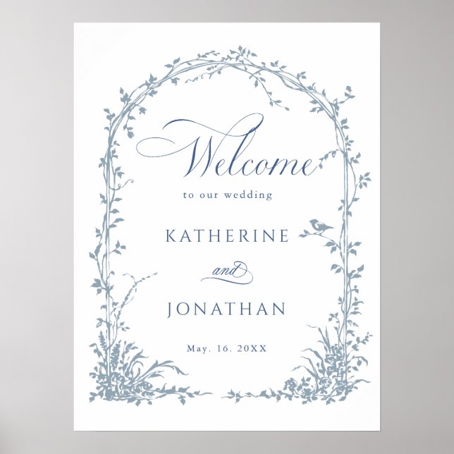 Póster Dusty Blue Botanical Arch Garden Wedding Welcome  (Frente)