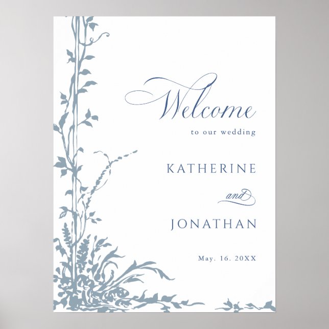 Póster Dusty Blue Botanical Garden Wedding Welcome  (Frente)