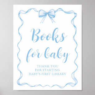Póster Dusty Blue Bow Boy Baby Shower Books para el bebé