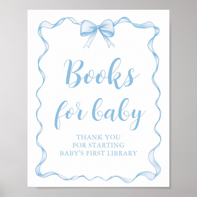 Póster Dusty Blue Bow Boy Baby Shower Books para el bebé (Frente)