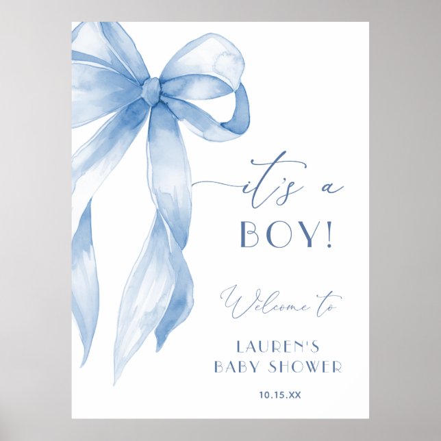 Póster Dusty Blue Bow Its A Boy Baby Shower Welcome Sign (Frente)