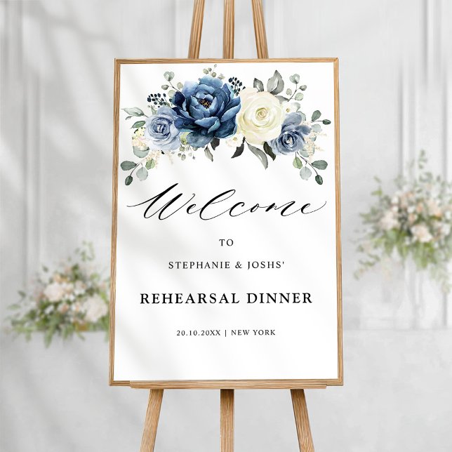 Póster Dusty Blue Champagne Ensayo Cena Bienvenida Pos (Dusty Blue Champagne ivory floral  Rehearsal Dinner Welcome  Poster)