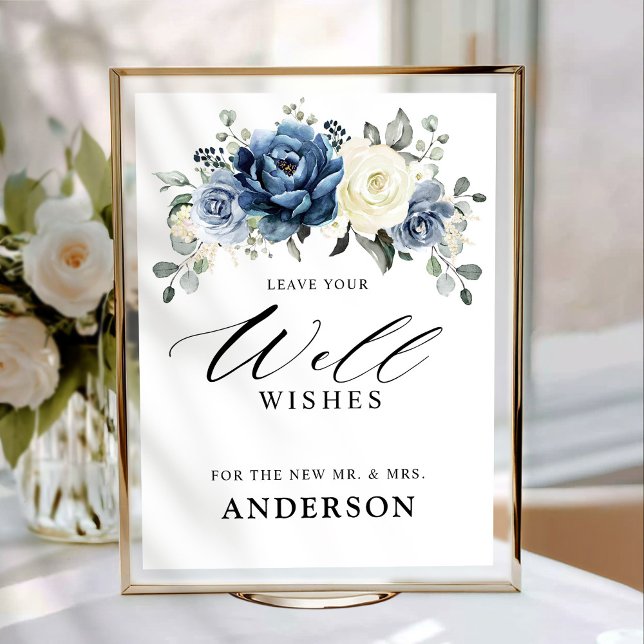Póster Dusty Blue Champagne Marfil Floral Well Wiers (Dusty Blue Champagne Ivory Floral Well Wishes Poster)