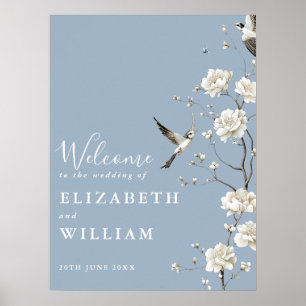 Póster Dusty Blue Chinoiserie Floral Boda signo de bienve