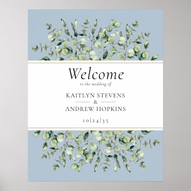 Póster Dusty Blue Eucalyptus Wedding Welcome  (Frente)
