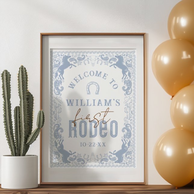 Póster Dusty Blue First Rodeo Primer Signo de bienvenida  (Western Birthday Party Sign)