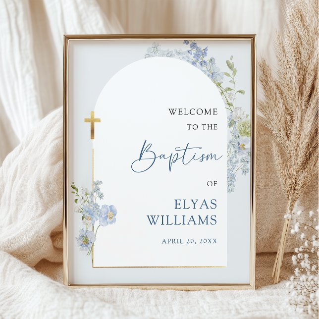 Póster Dusty Blue Floral Arched Boy Baptism Welcome Sign (Subido por el creador)