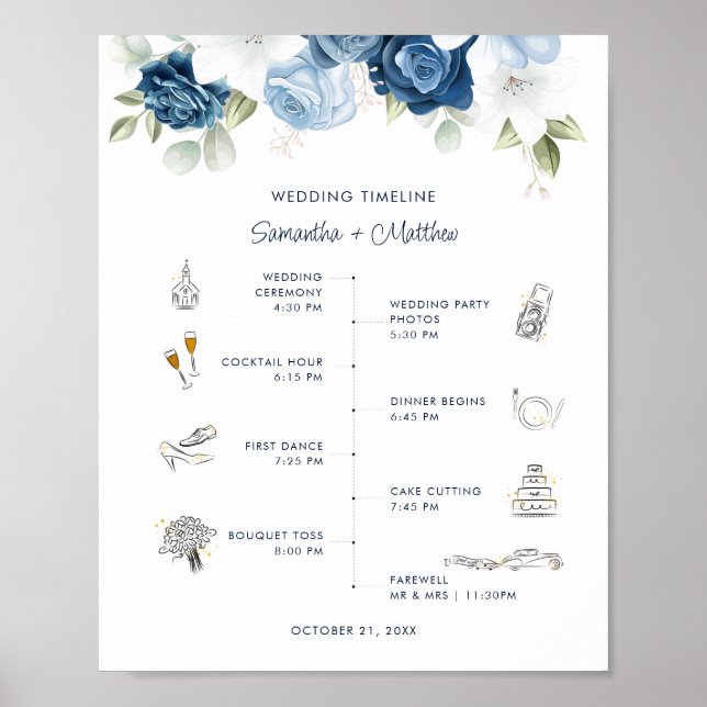 Póster Dusty Blue Floral Boda Itinerario (Frente)