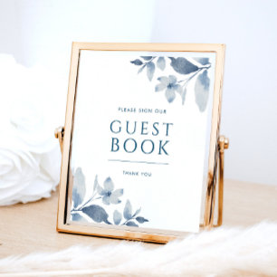 Póster Dusty Blue Floral Boda Rótulo del libro de invitad