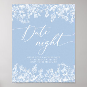 Póster Dusty Blue Floral Bridal Fecha Noche Ideas Rótulo