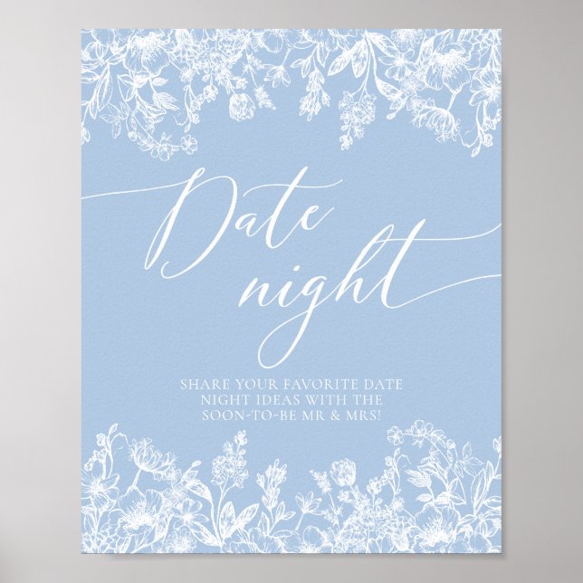 Póster Dusty Blue Floral Bridal Fecha Noche Ideas Rótulo (Frente)