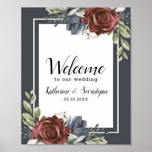 Póster Dusty Blue Floral Dark Bienvenida Poster Boda