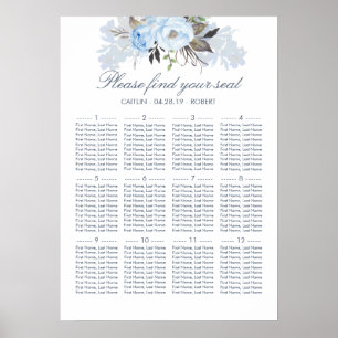 Póster Dusty Blue Floral Elegant Wedding Chart