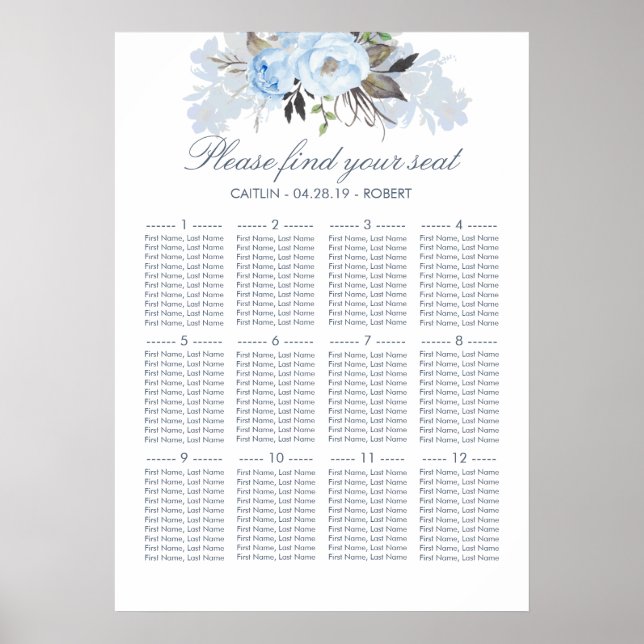 Póster Dusty Blue Floral Elegant Wedding Chart (Frente)