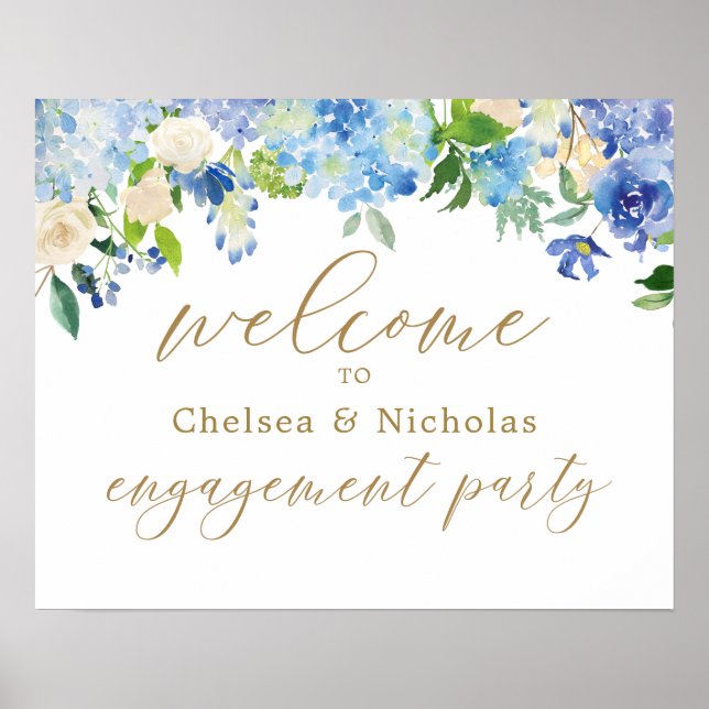 Póster Dusty Blue Floral Engagement Party Welcome Poster (Frente)