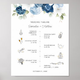 Póster Dusty Blue Floral Moderno Boda programa itinerario