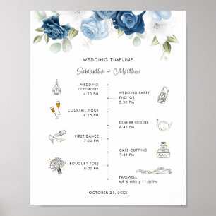 Póster Dusty Blue Floral Moderno Boda programa itinerario