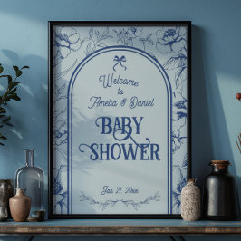 Póster Dusty Blue Floral Ornament Classic Baby Shower