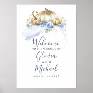 Póster Dusty Blue Floral Pumpkins Fall Wedding Bienvenida