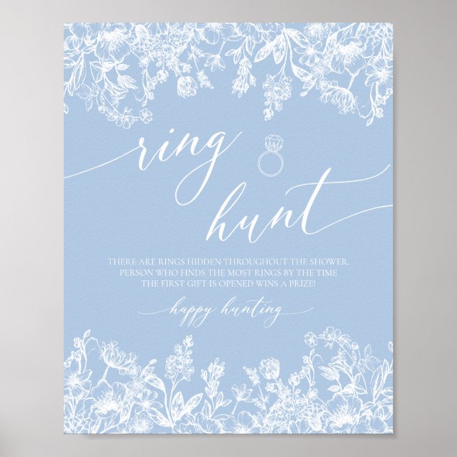 Póster Dusty Blue Floral Ring Hunt Bridal Shower Game (Frente)