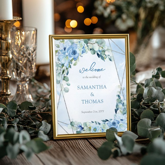 Póster Dusty Blue Floral Silver Geometric boda bienvenida (Dusty Blue Floral Silver Geometric wedding welcome Poster)